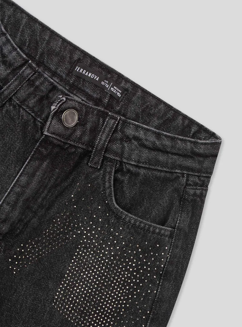 Jeans wide leg con strass e stelle