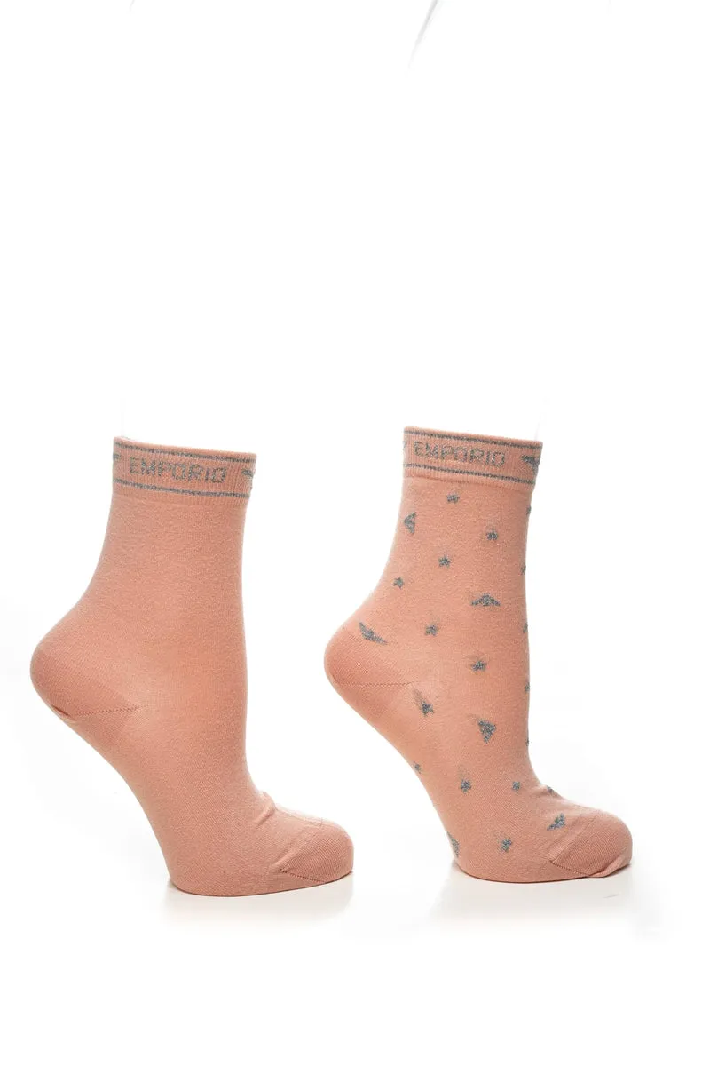 Calzino Corto Emporio Armani Short Socks 2 Pack Da Donna Rosa Cipria Monogrammi E Stelle Lurex Silver In Filato