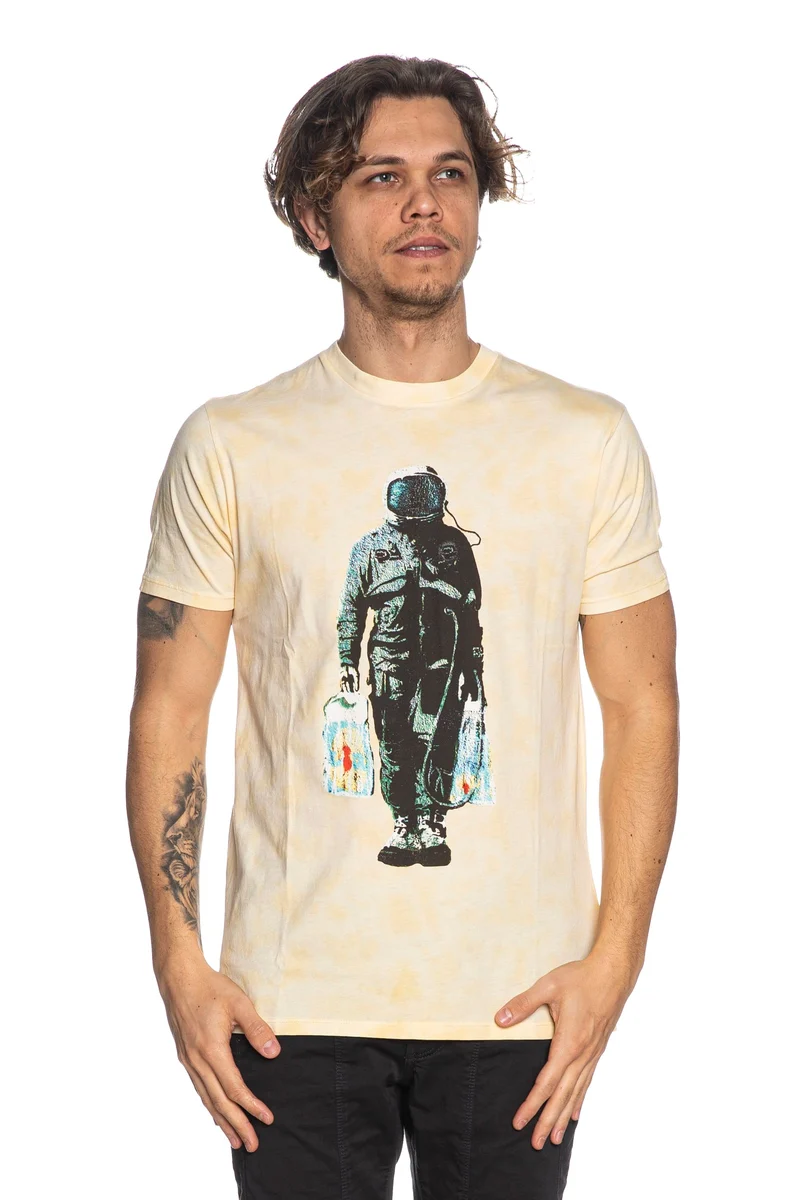 T Shirt Guess Spaceman Collaborazione Brandalised Da Uomo Stampa Tie & Dye Bianco Giallo