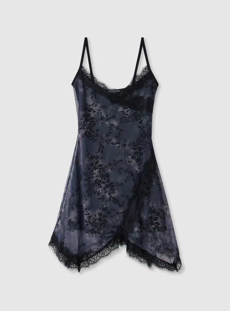 Vestito slipdress in tulle con pizzo e stampa floreale