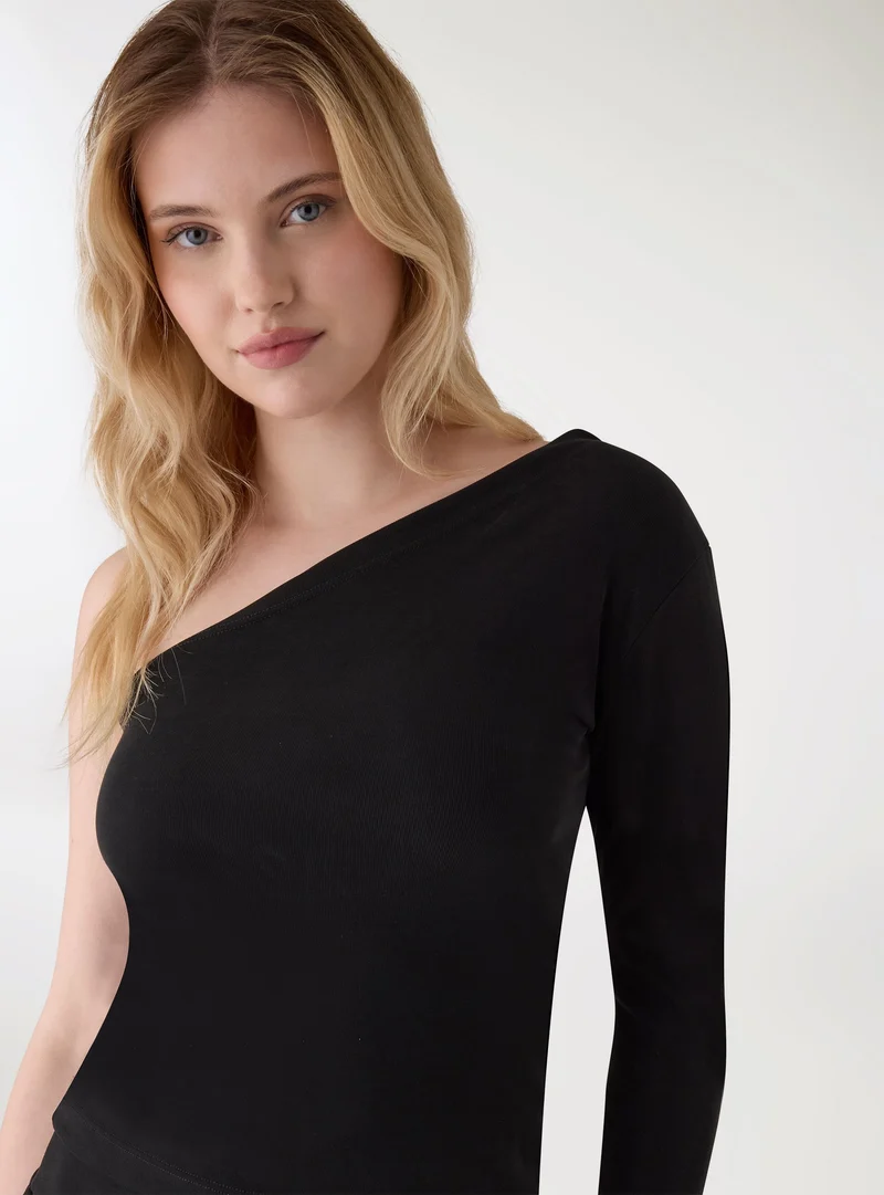 T-shirt monospalla a costine