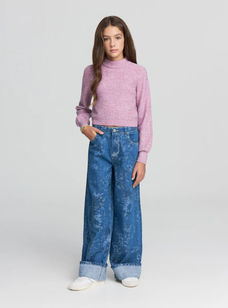 Jeans wide leg con stampa fiori