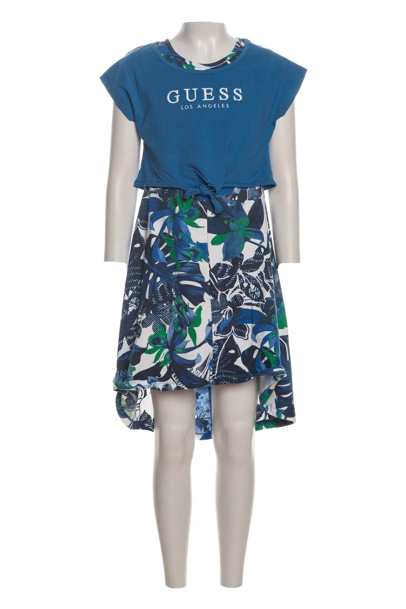 Abito Corto Guess Blend Flowers Da Bambina Blu Lapis Fantasia Floreale Bianco Blu Verde Bandiera