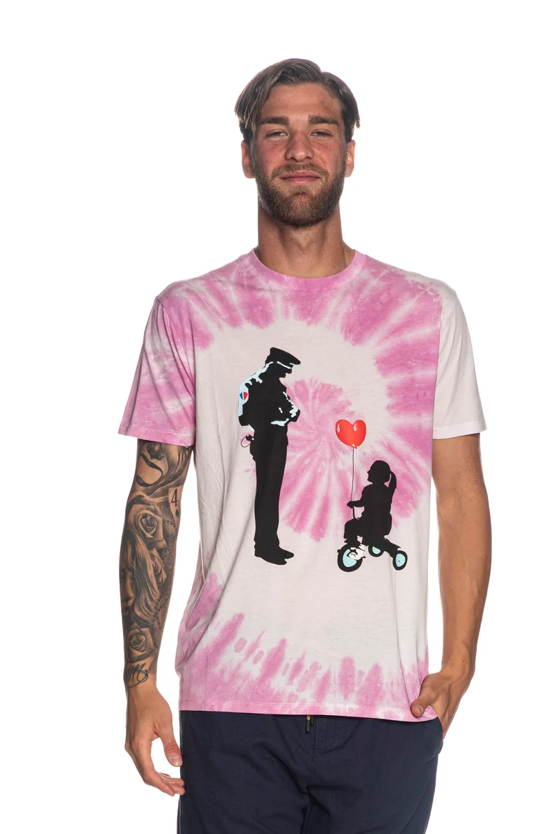 T Shirt Guess Police Love Baloon Collaborazione Brandalised Da Uomo Stampa Tie & Dye Bianco Rosa