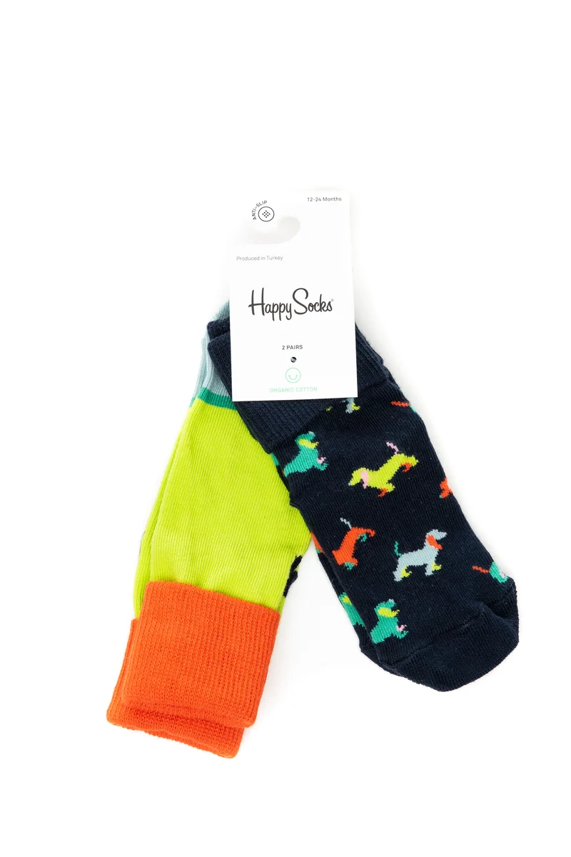 Set Calzini Corti Happy Socks Puppy Love 2 Pack Da Bambino/A Blu Fantasia Multicolor/Verde Acido-Arancio In Filato