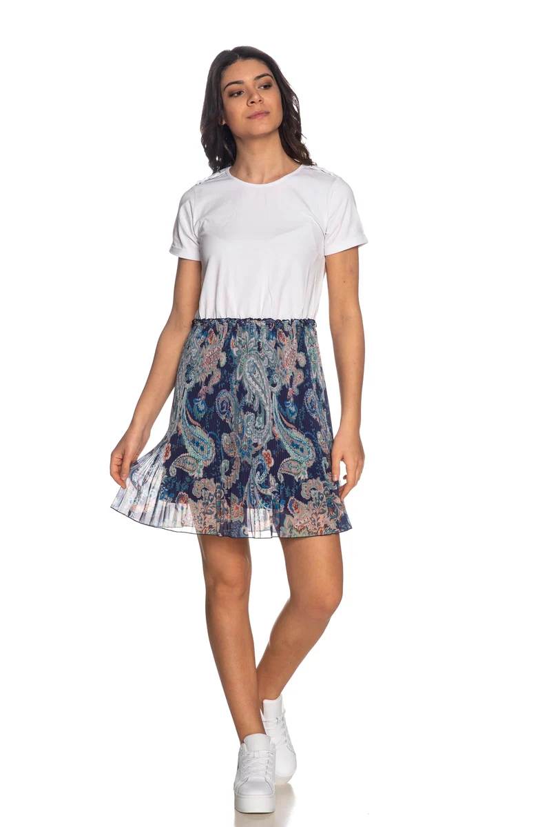 Abito Corto Liu Jo Ts Nav Layering Da Donna Bianco Fantasia Paisley Blu Verde Petrolio Cameo