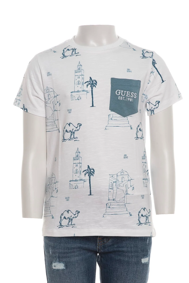 T Shirt Guess Camel Dunel Print Da Bambino Bianca Stampa Disegni Deserto Avio