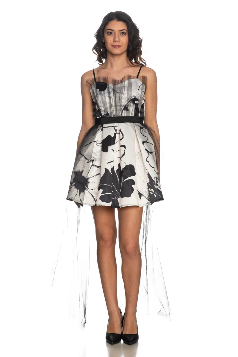 Abito Corto Rinascimento Floral Mesh Da Donna Fantasia Floreale Bianco Nero