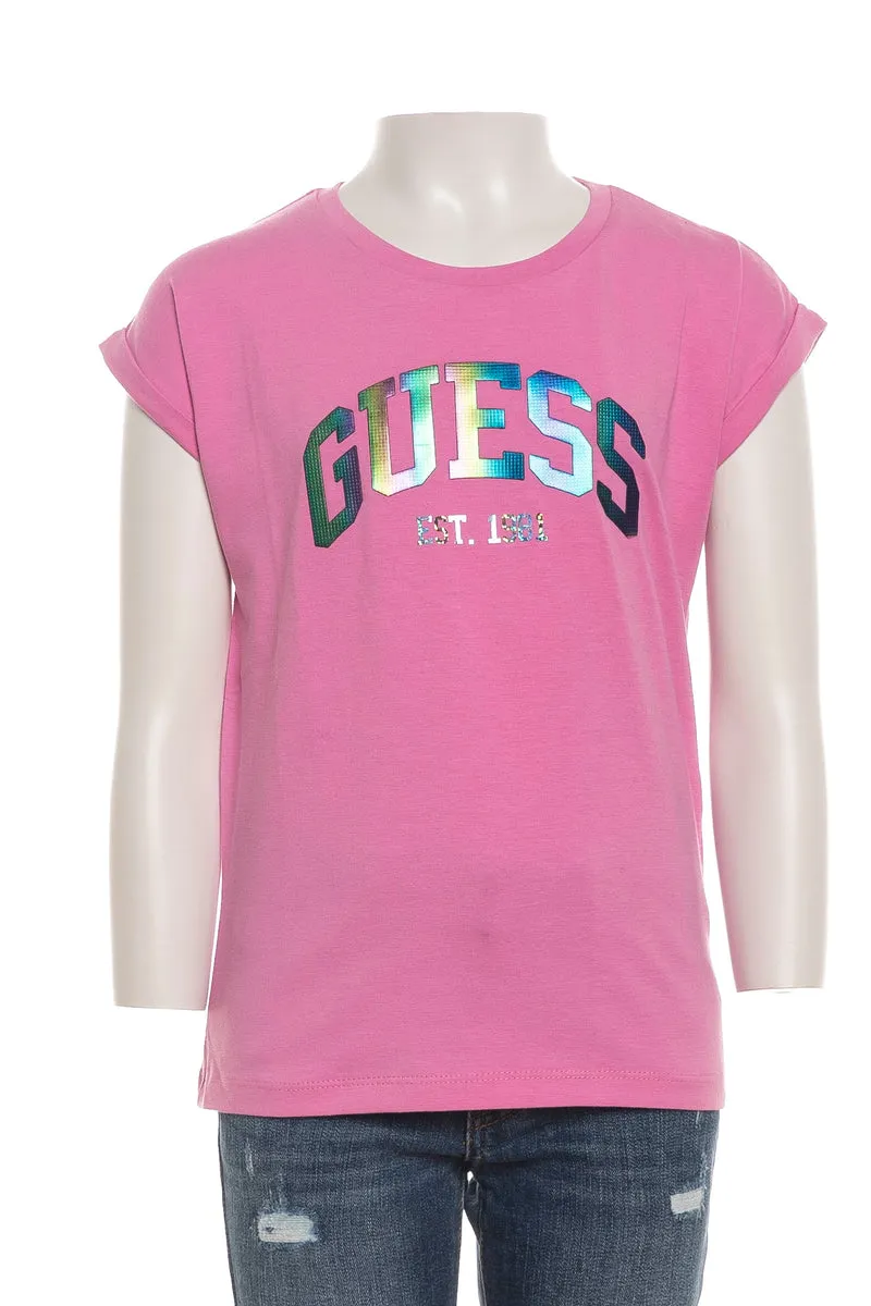 T Shirt Guess Iridescent Logo Da Bambina Rosa Bubble