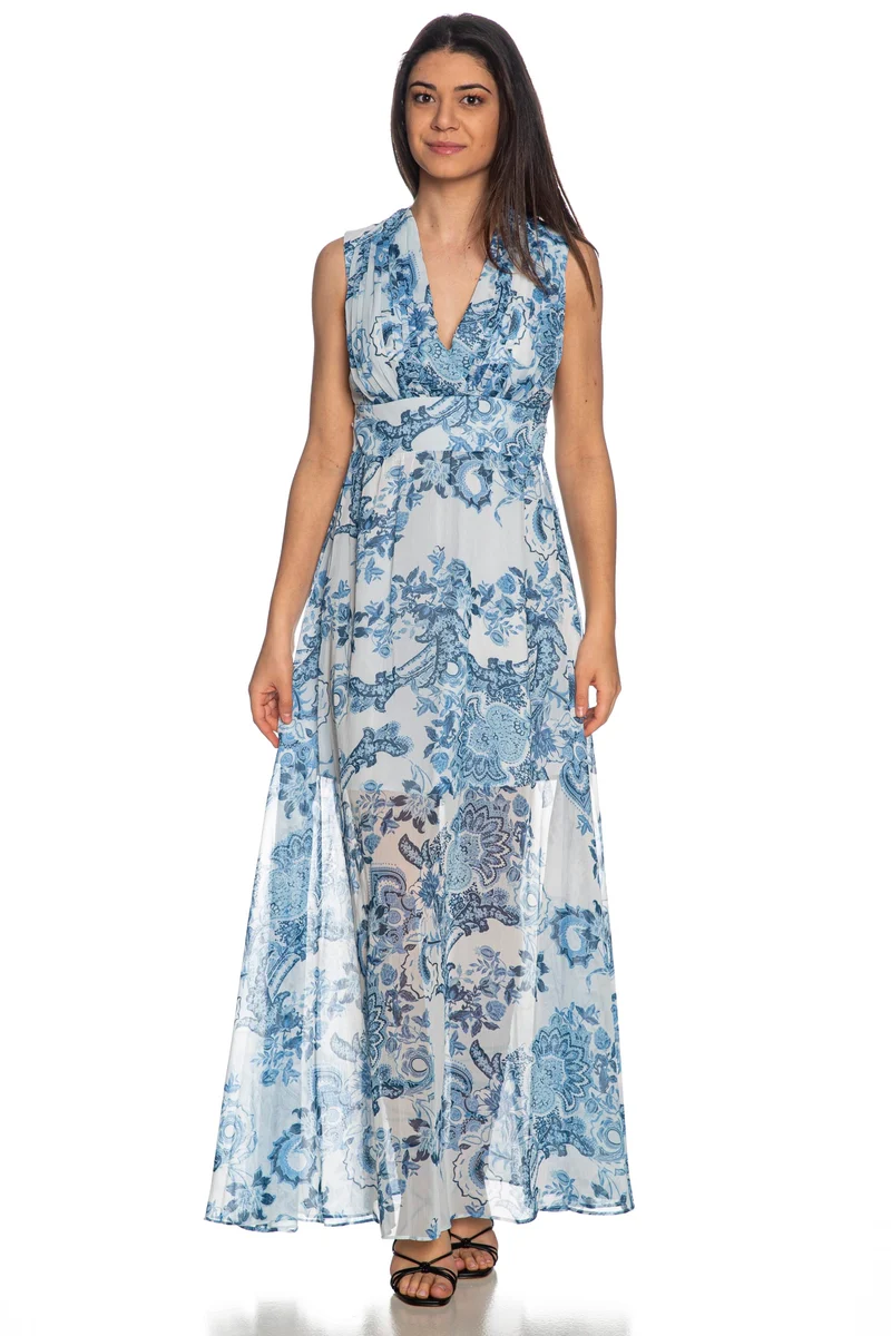 Abito Lungo Guess Gilda Long Da Donna Fantasia Floreale Bianco Blu Azzurro
