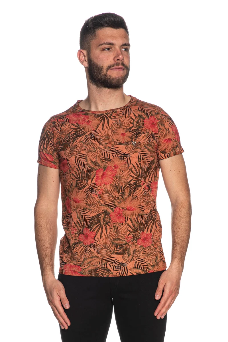T Shirt Fifty Four Udall Da Uomo Arancio Fantasia Floreale Tropicale Verde Fuxia