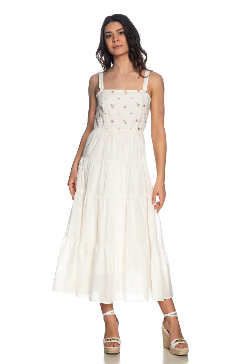Abito Lungo Brand Embroidery Da Donna Panna