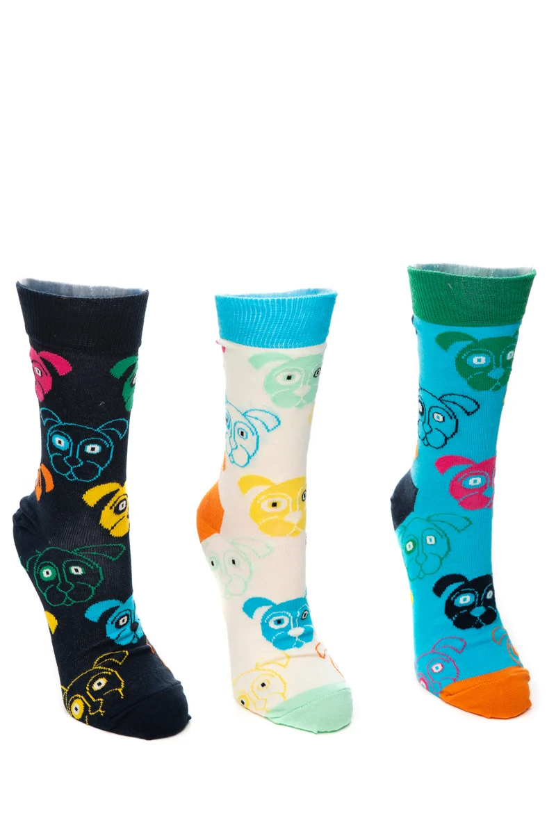 Calzino Corto Happy Socks Mixed Dog 3 Pack Unisex Fantasia Panna/Blu Marina/Turchese In Filato